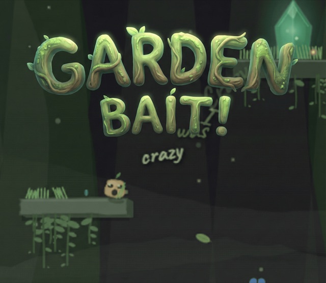 Garden Bait title art showing a small sprout character on a mossy platform in a dark cave